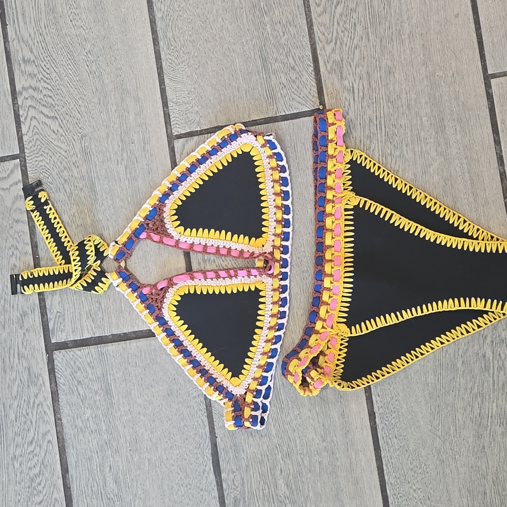 NWOT Original Handmade Crochet Trim Bikini – Black Multi LARGE‎